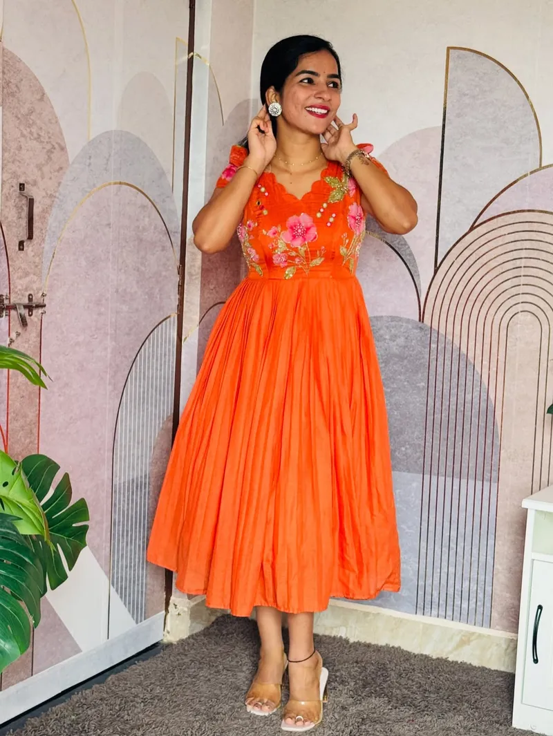 Bright Orange Floral Embroidered Long Frock