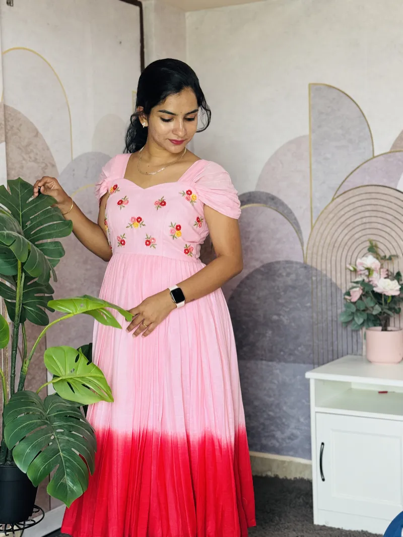 Pink to Red Ombre Long Frock with Puff Sleeves