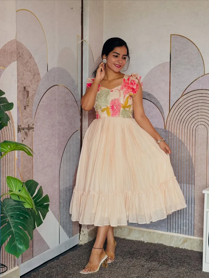 Floral Embroidered Bodice Long Frock with Peach Ruffle Skirt
