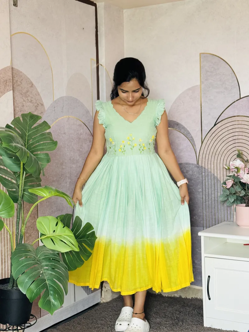 Mint Green to Yellow Ombre Long Frock with Floral Embroidery
