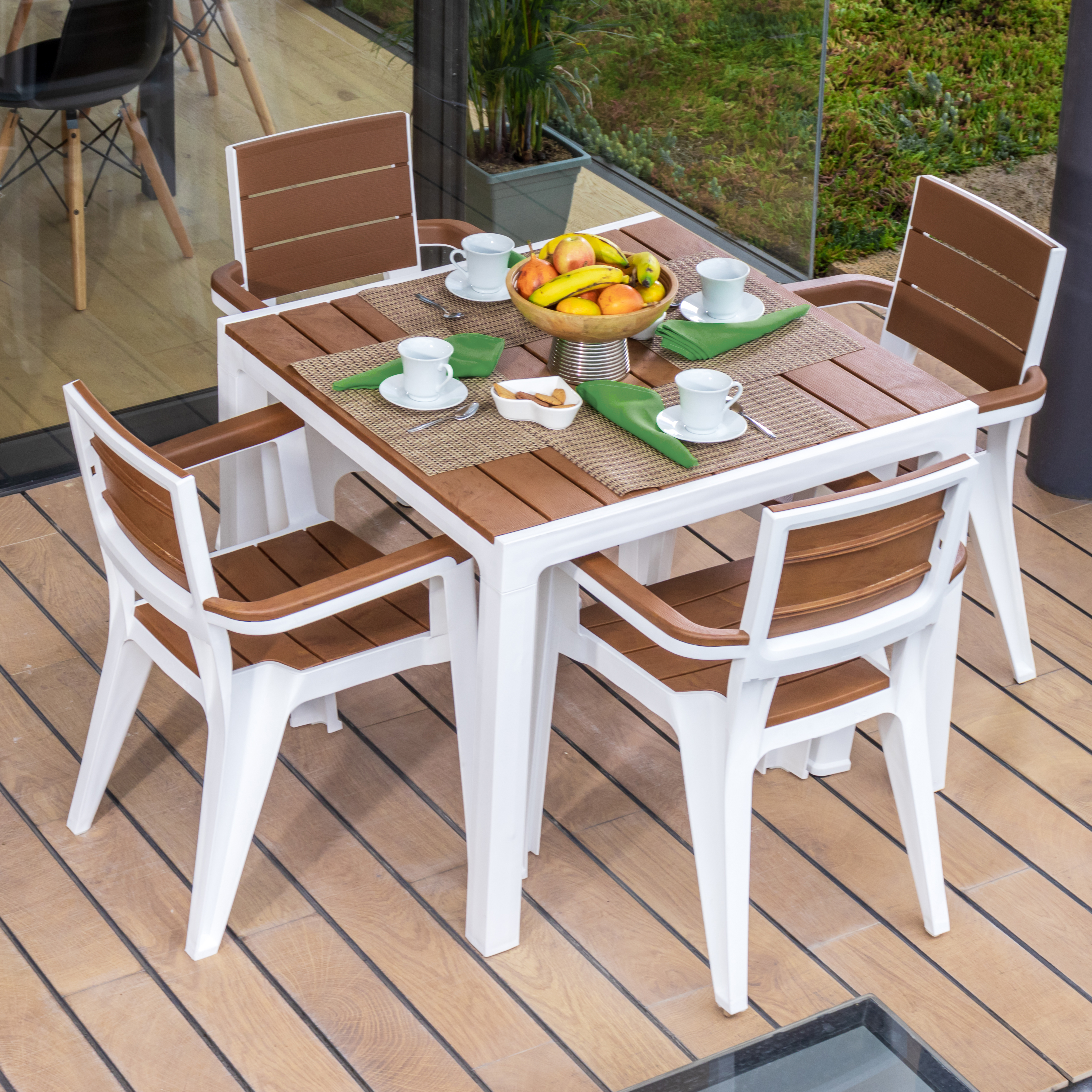 MQ Madeira Collection 4-Seat Table & 4 Arm Chair Set, Black/Teak Brown (2 Boxes)