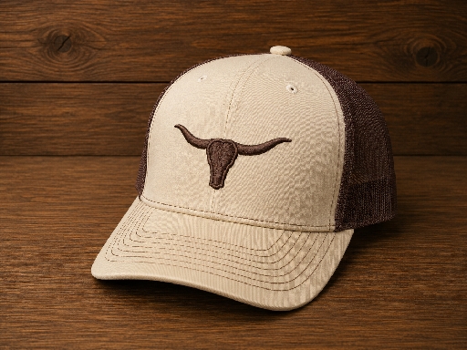 Fierce Longhorn- Puff Embroidery- Khaki & Brown