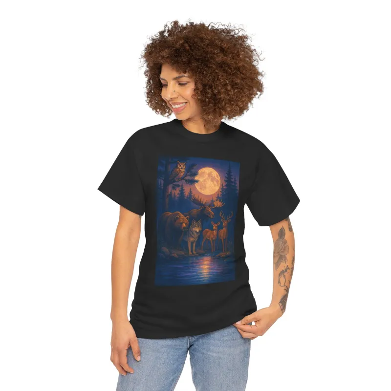 Wildlife Moonlight Unisex Heavy Cotton Tee | Fun Unisex Cotton T-Shirt | Nature Graphic Shirt, Outdoor Lover Gift 