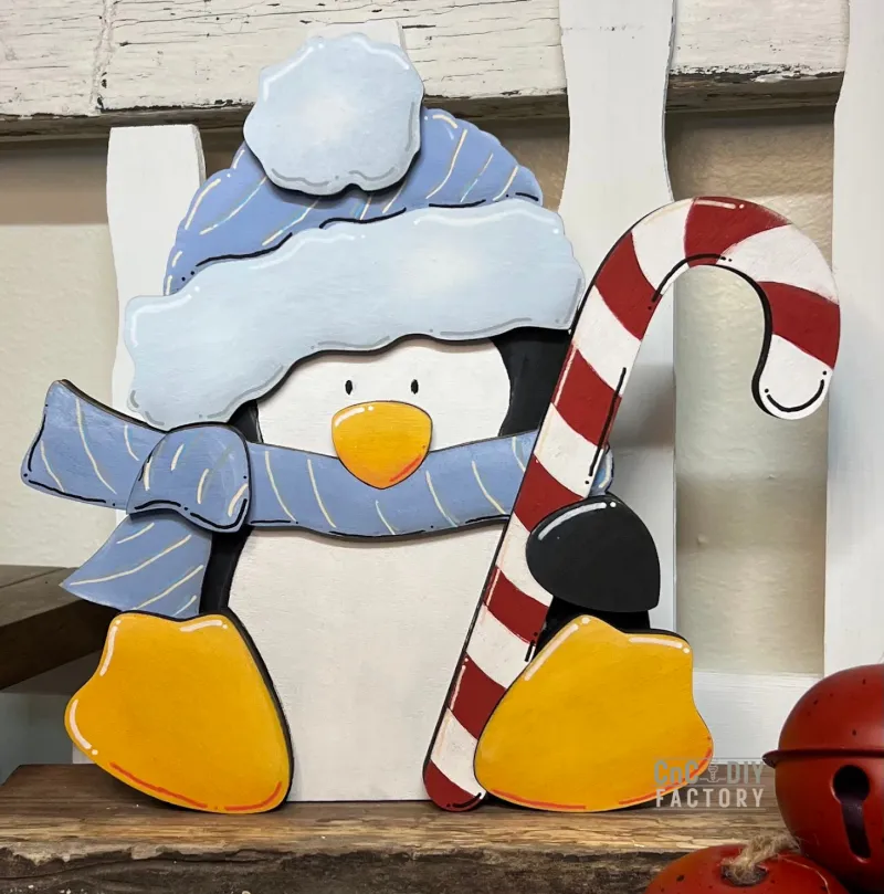 Laser Cut Penguin with Candy Cane Shelf Sitter – Layered DIY Kit