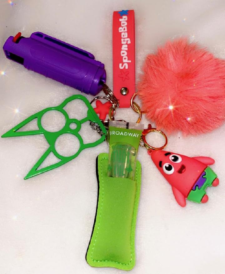 Neon Star Buddy Self-Defense Keychain Set | Green & Coral Safety Keychain With Alarm & Pom