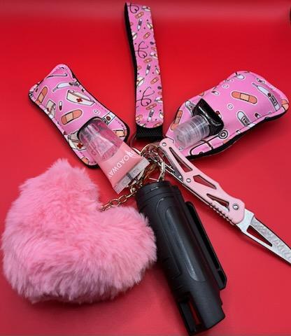 Pink Medical Print Safety Keychain With Heart Pom | Nurse On Duty Self-Defense Keychain Set