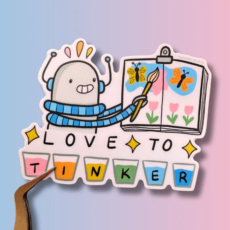 This Robot Loves to Tinker Sticker