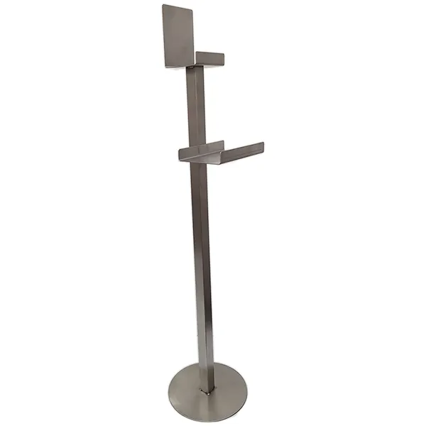 [A00110958] - WELCOME TOTEM STEEL Piantana porta dispenser/guanti/pattumiera [Ø26xH115 cm] con 2 ripiani e pannello linee guida in acciaio Fossati