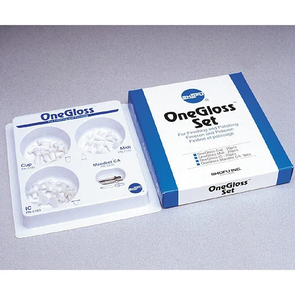[A00076727] - ONEGLOSS KIT Set completo di 60 inserti per lucidatura (20 coppette + 20 punte medie + 20 coni rovesci) e 3 mandrini CA per contrangolo Shofu [0180] Shofu
