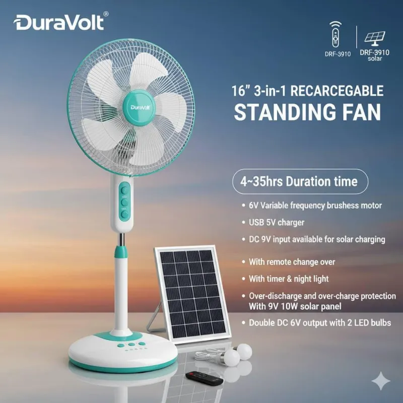 DuraVolt 16" 3-in-1 Rechargeable Standing Fan with Solar Panel and LED Bulbs (Model: DRF-5910 Solar)