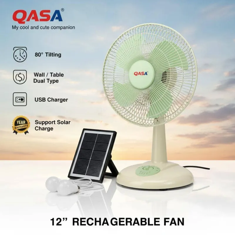 QASA 12" 3-in-1 Rechargeable Fan with Solar Support and LED Lights (Model: QRF-2912)