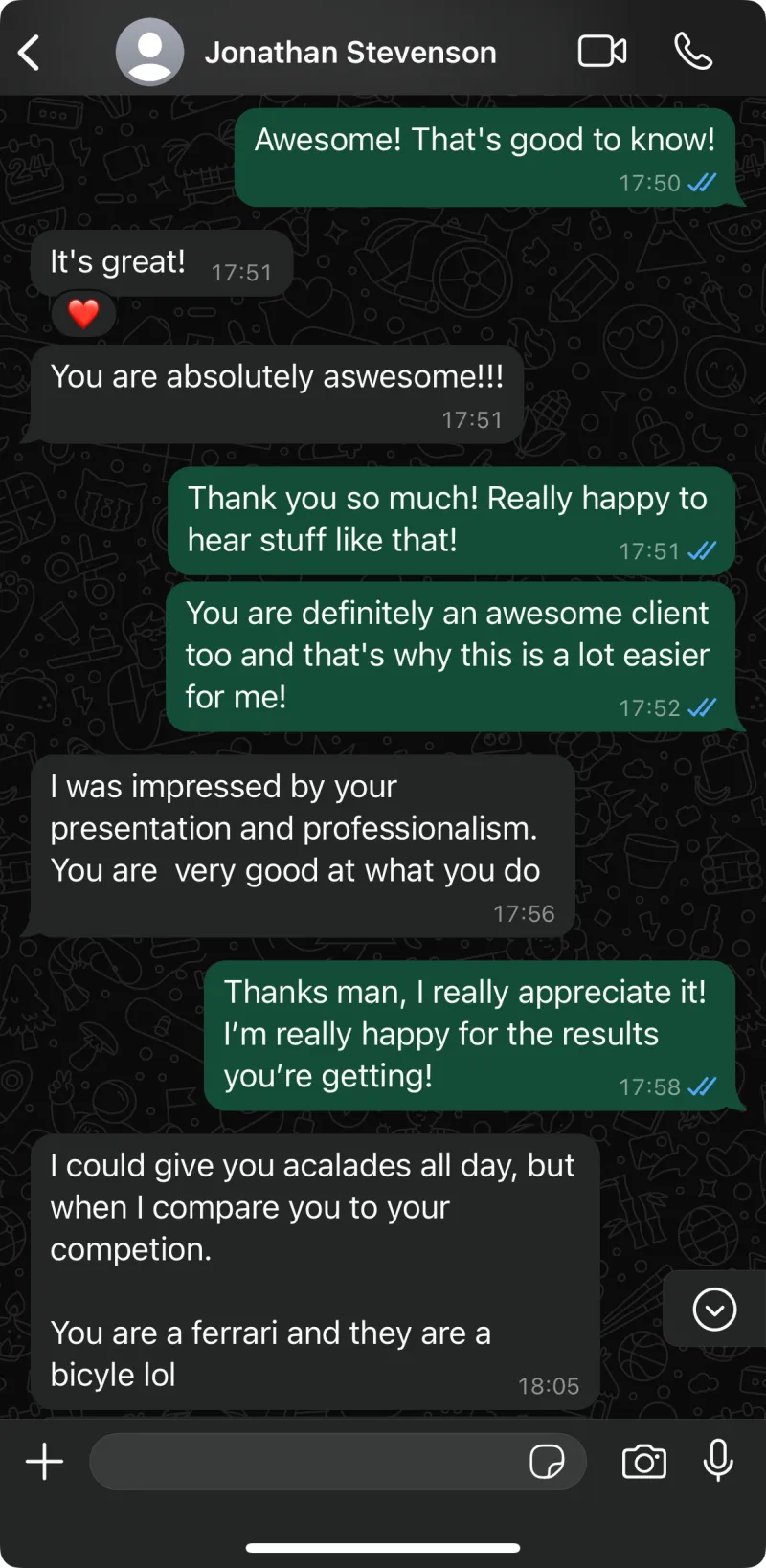 WhatsApp thread with Jonathan comparing VoxHorizon to competitors
