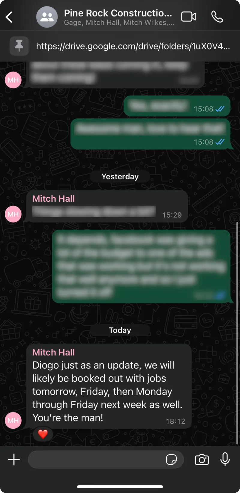 WhatsApp thread with Mitch: booked out with jobs through next week