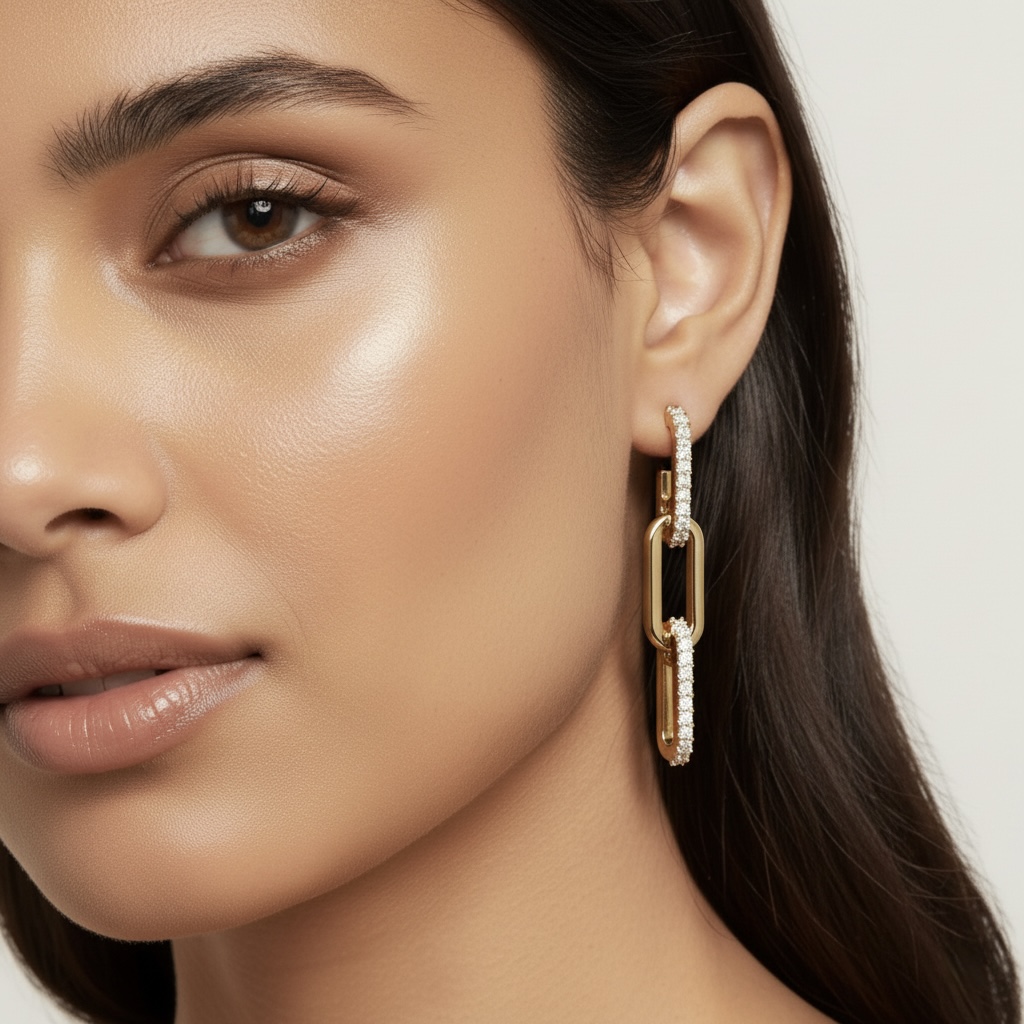 14K Gold Paperclip Earrings with Lab Grown Diamonds | Modern Diamond Link Drop Earrings