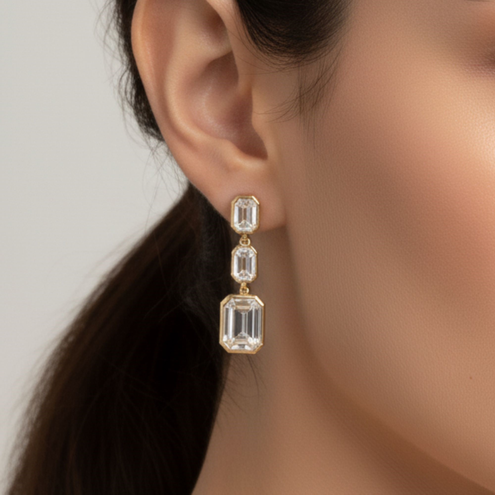 2 Carat Lab Diamond Triple Emerald Cut Drop Earrings 14k Gold