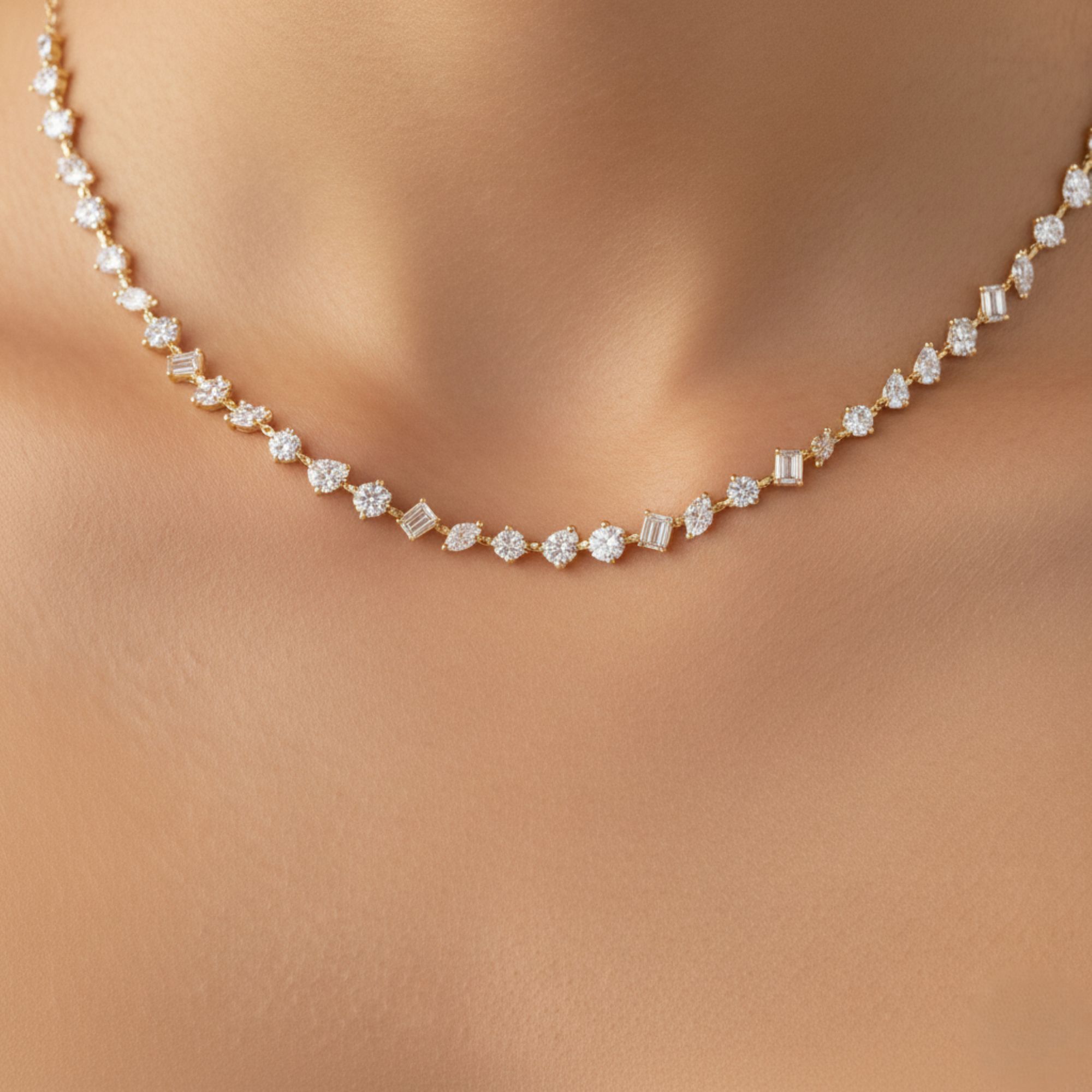 Lab Diamond Multi Shape Stones 7 Carat Tennis Necklace 14k Gold 