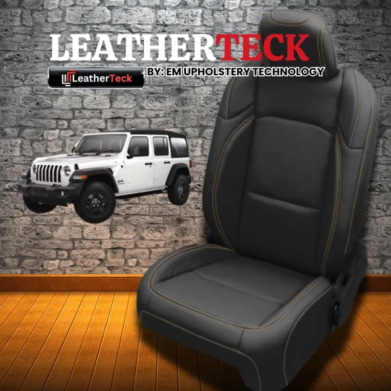 2024-2026 Jeep Wrangler JL Sport/Sahara/Willys/Rubicon Katzkin Leather Seat Cover Upholstery Kit – Black with Mayan Gold Stitch