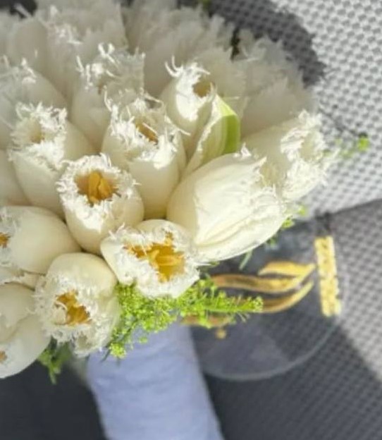 Fringed White Tulip Bridal Bouquet - Unique Hand-Tied Wedding Flowers