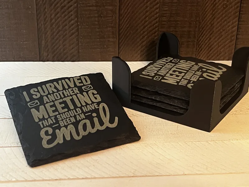 I Survived Another Meeting Funny Slate Coaster – Engraved, Single or Set of 4 with Holder