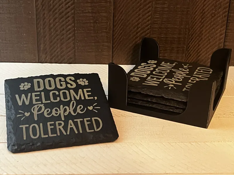 Dogs Welcome Funny Slate Coaster – Engraved, Single or Set of 4 with Holder