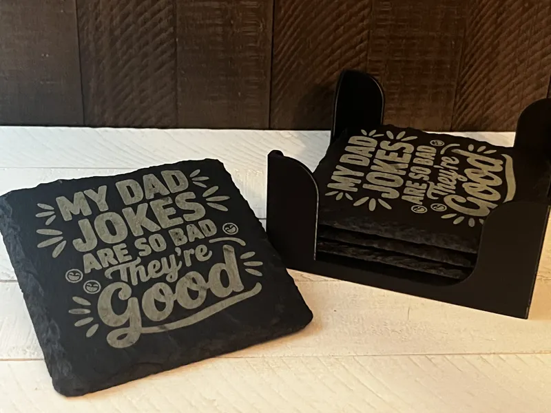 Dad Jokes So Good Funny Slate Coaster – Engraved, Single or Set of 4 with Holder