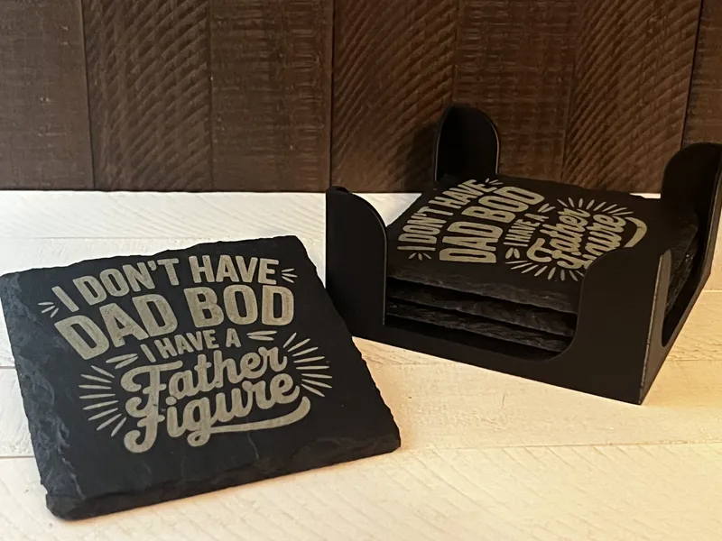 Dad Bod, Father Figure Funny Slate Coaster – Engraved, Single or Set of 4 with Holder