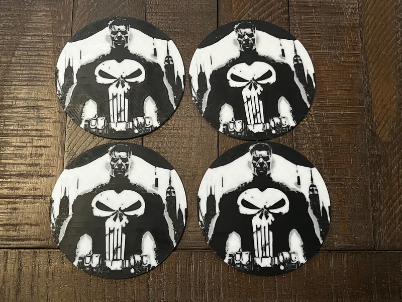Punisher Comic Coaster Set of 4 with Holder – 3D Printed