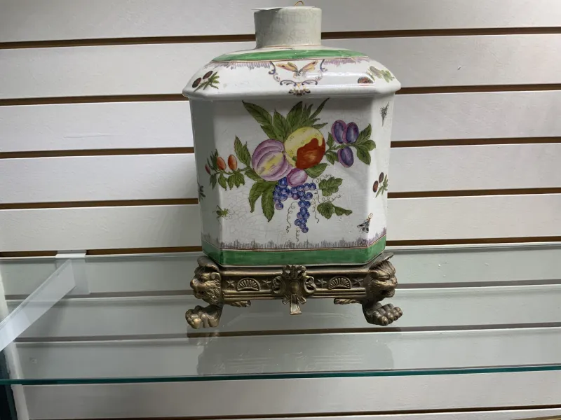 European Orchard Porcelain Urn on Lion Base