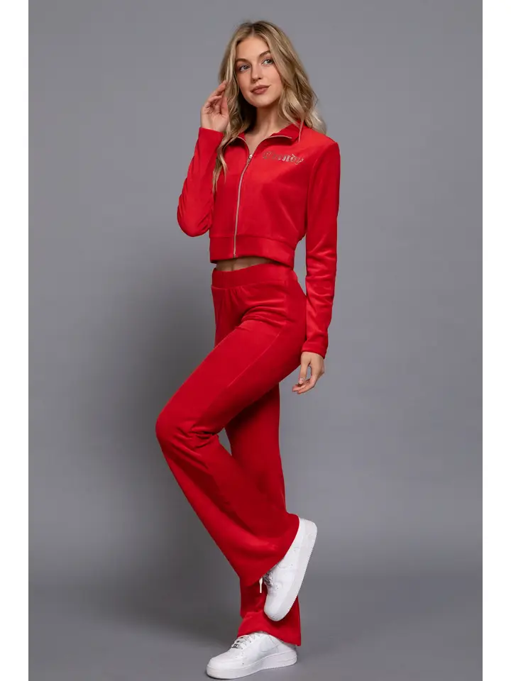 Mock Neck Zip Up Jacket & Rhinestone Flare Pants Velour Set