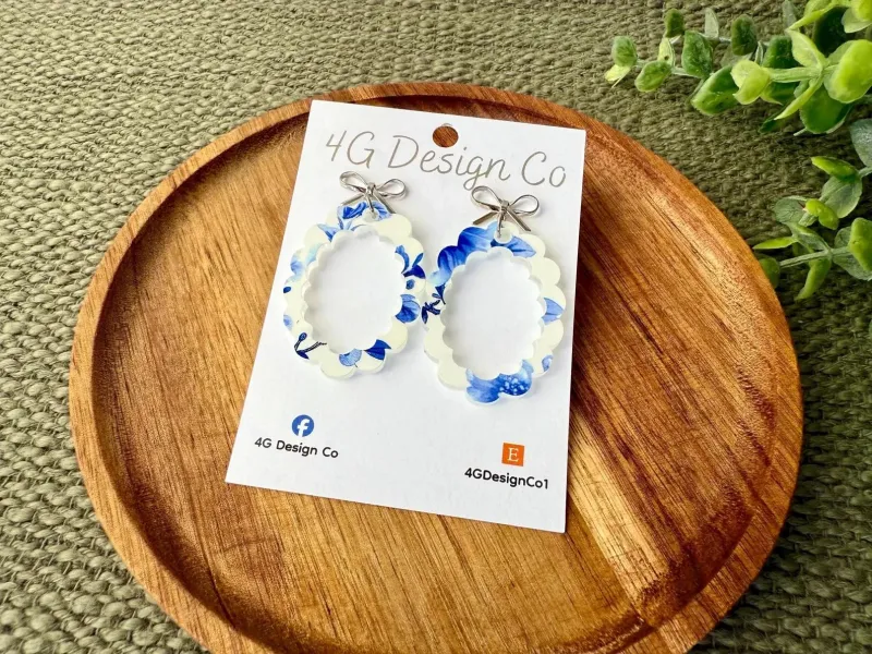 Blue & White Floral Bow Earrings | Vintage Cottagecore Acrylic Dangles