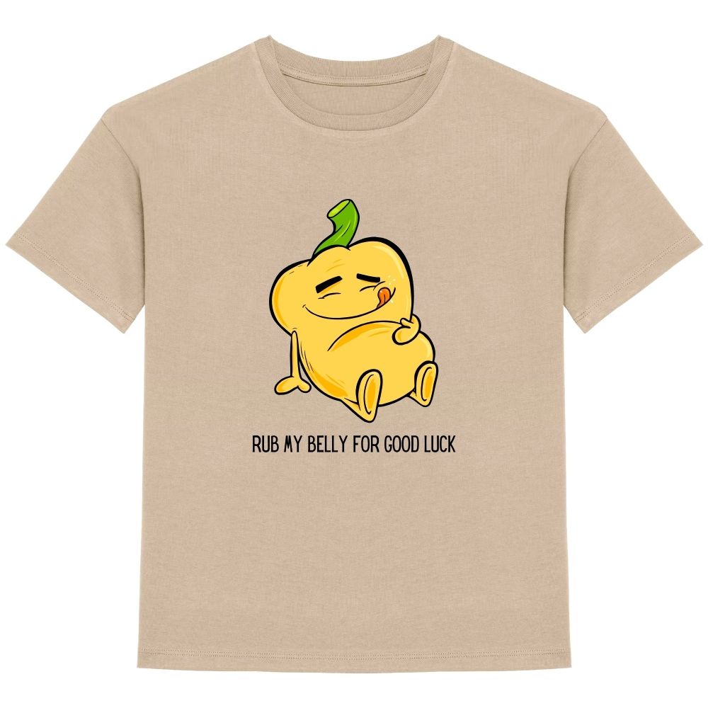 Kids t-shirt front Rub my belly for good luck