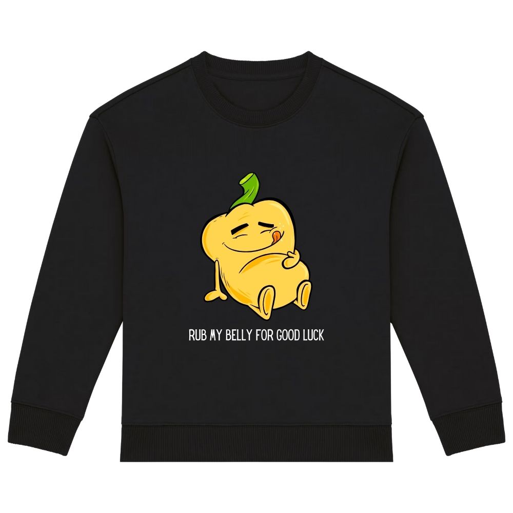 Kids sweater front Rub my belly for good luck