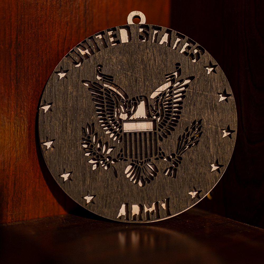 Handcrafted 3-Layer Wooden U.S. Army Emblem – Hand-Painted Military Ornament