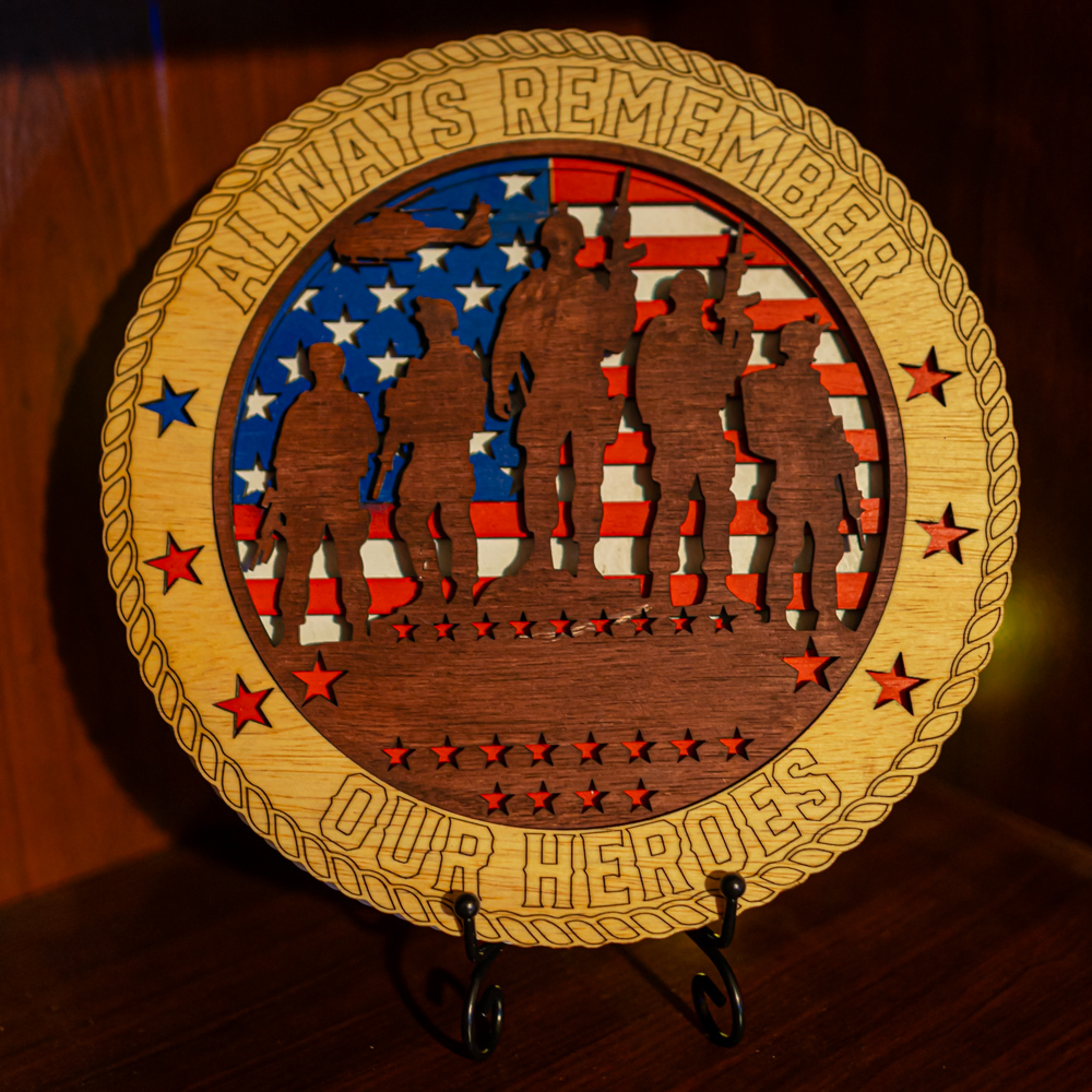 Handcrafted 3-Layer Veterans “Always Remember Our Heroes” Wooden Plaque