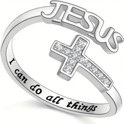Jesus Glass Rhinestone Inlay Cross Ring