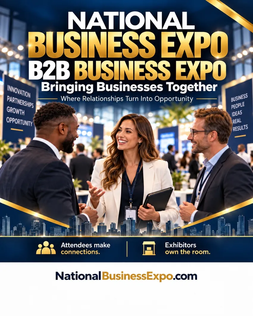 Dark navy and gold National Business Expo B2B promotional flyer
