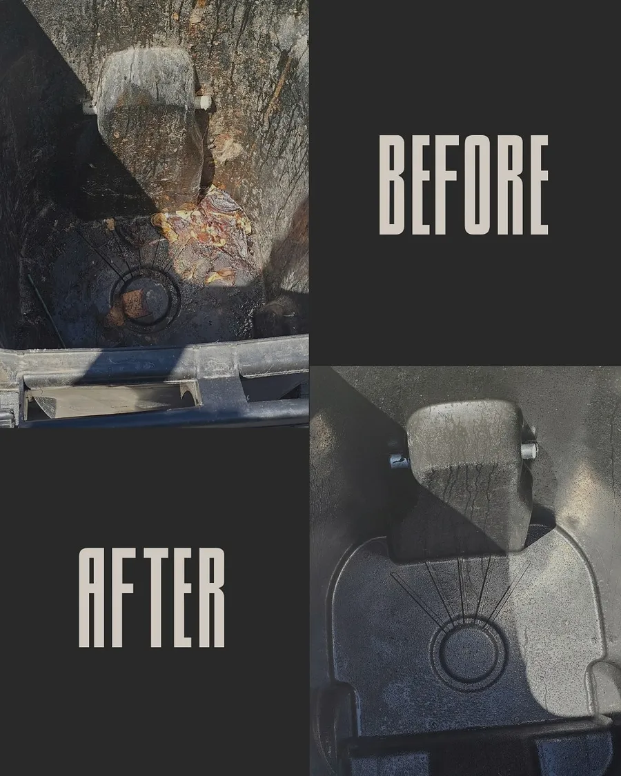 Before and after: the inside of a black trash bin cleaned by Grime Fighters
