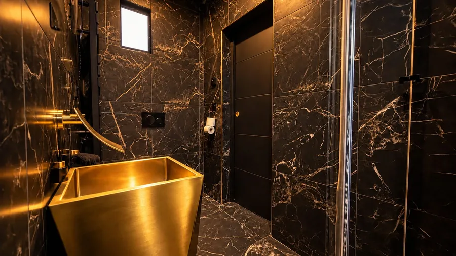 Salle de douche en marbre noir et vasque dorée