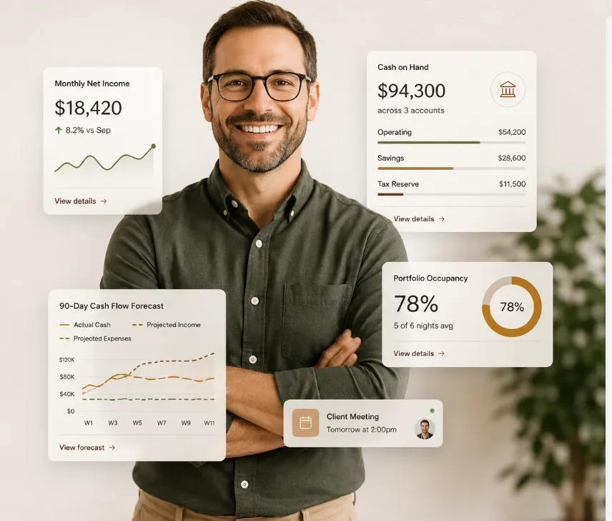 A business owner's monthly financial dashboard, showing net income, cash position, occupancy, and 90-day cash flow forecast.