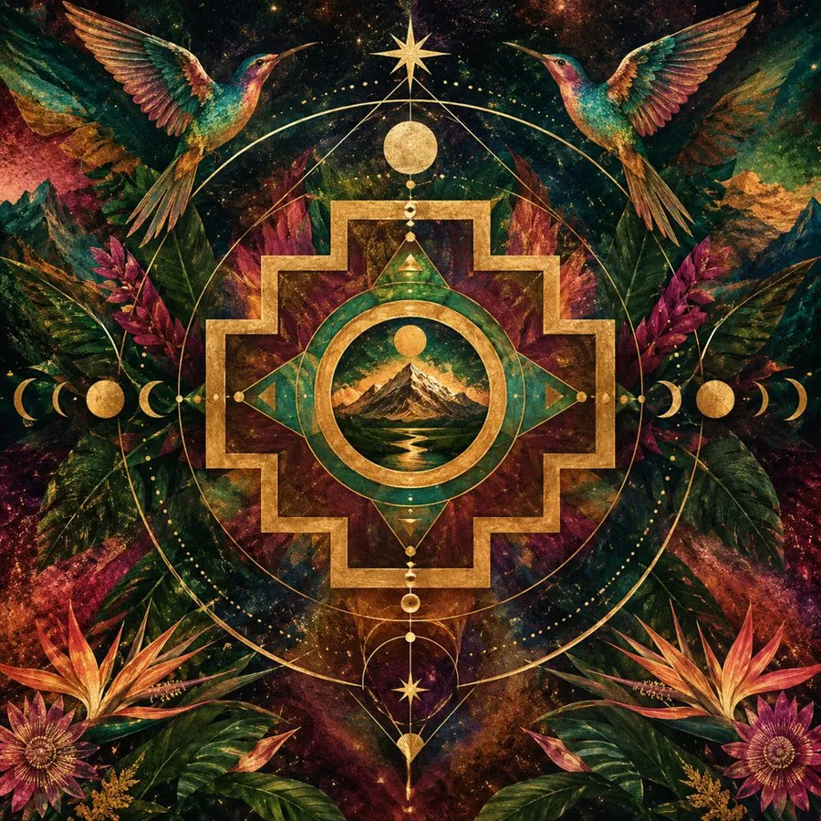 A gold Chakana, the Andean stepped cross, framing a mountain and river, with two hummingbirds, moon phases and jungle flowers around it