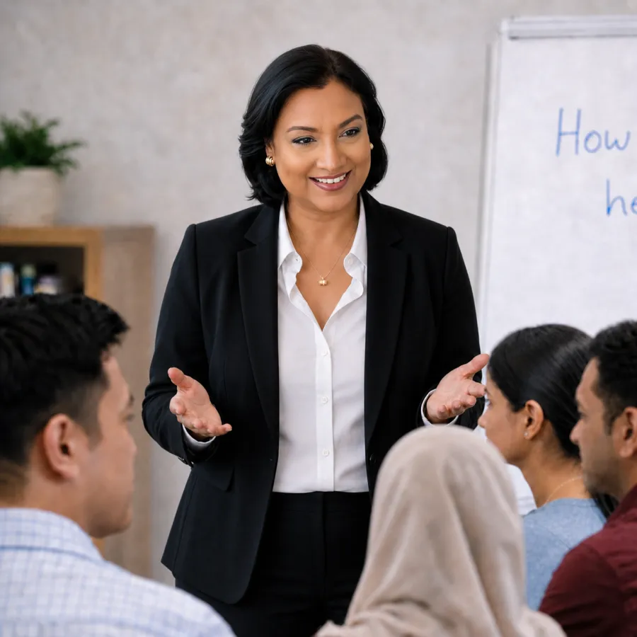 Anne-Marie Santra facilitating an executive presence training session with a team