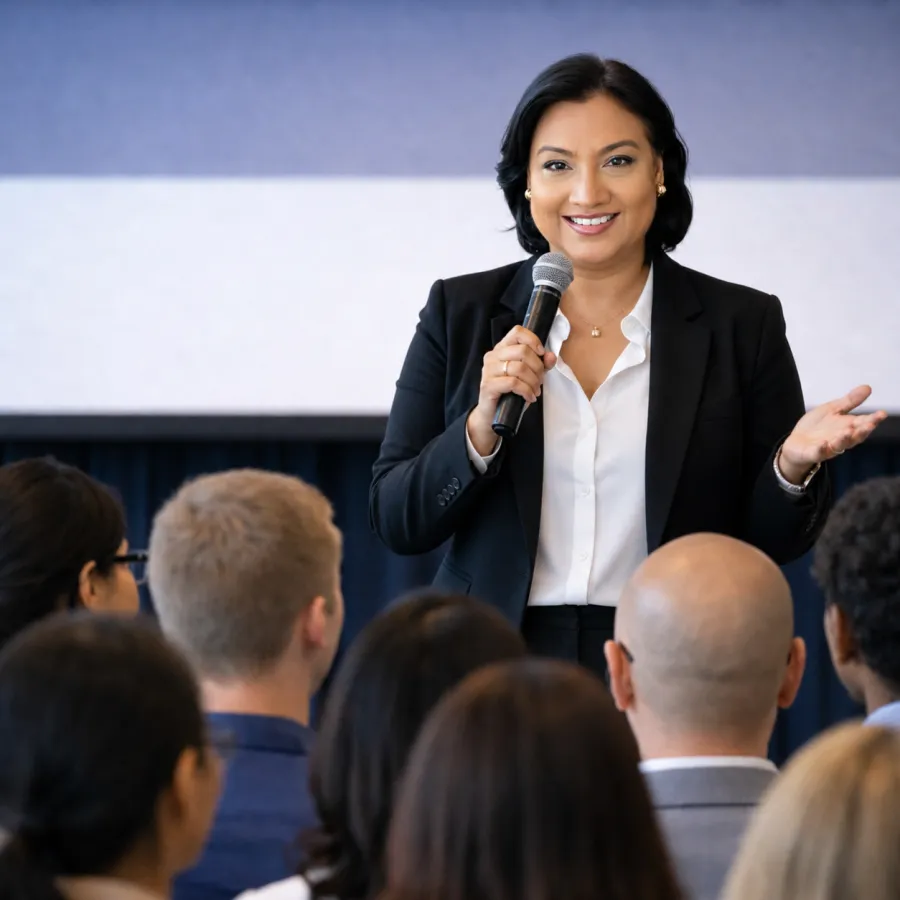 Anne-Marie Santra delivering a keynote to a seated conference audience