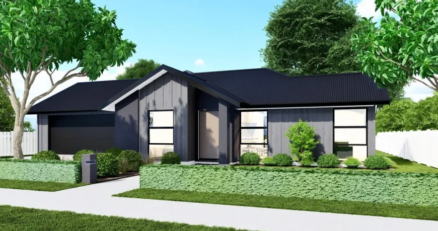 3-bedroom home, Lot 93 Frontier Estate, Te Awamutu, artist's impression 1 of 3: charcoal vertical cladding with a dark roof