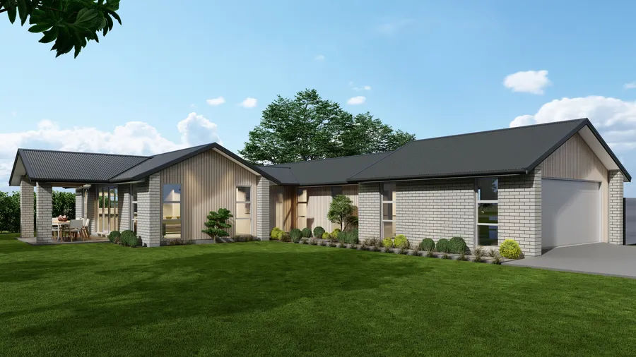 3-bedroom home, Lot 8 Thorncombe Park, Te Awamutu, artist's impression 1 of 3: light vertical cladding with grey brick and a dark roof