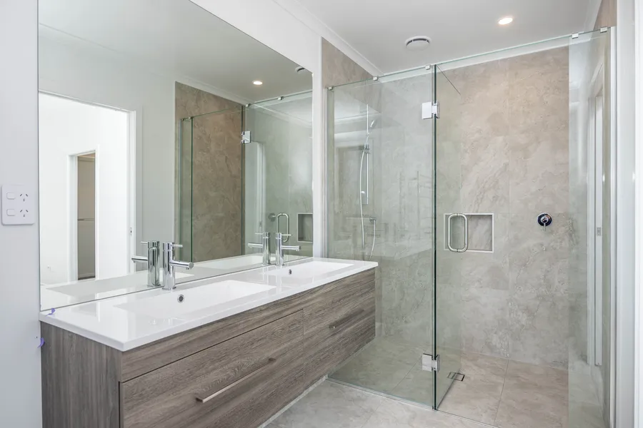 Ensuite with double vanity and tiled shower, Lot 11 Thorncombe Park, Te Awamutu