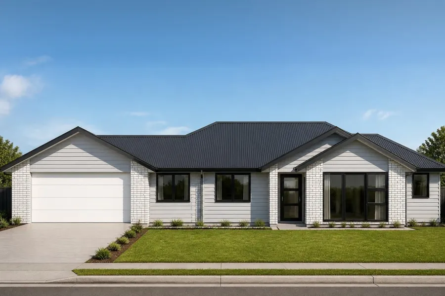 4-bedroom home, Lot 10 Thorncombe Park, Te Awamutu, artist's impression 1 of 3: white brick and light grey weatherboard