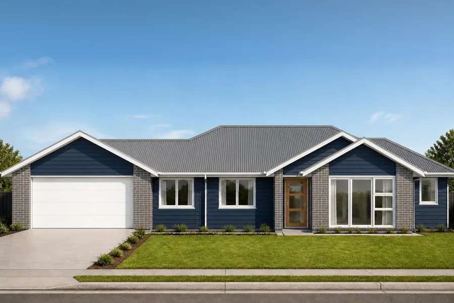 4-bedroom home, Lot 10 Thorncombe Park, Te Awamutu, artist's impression 3 of 3: navy weatherboard with grey brick and white trim