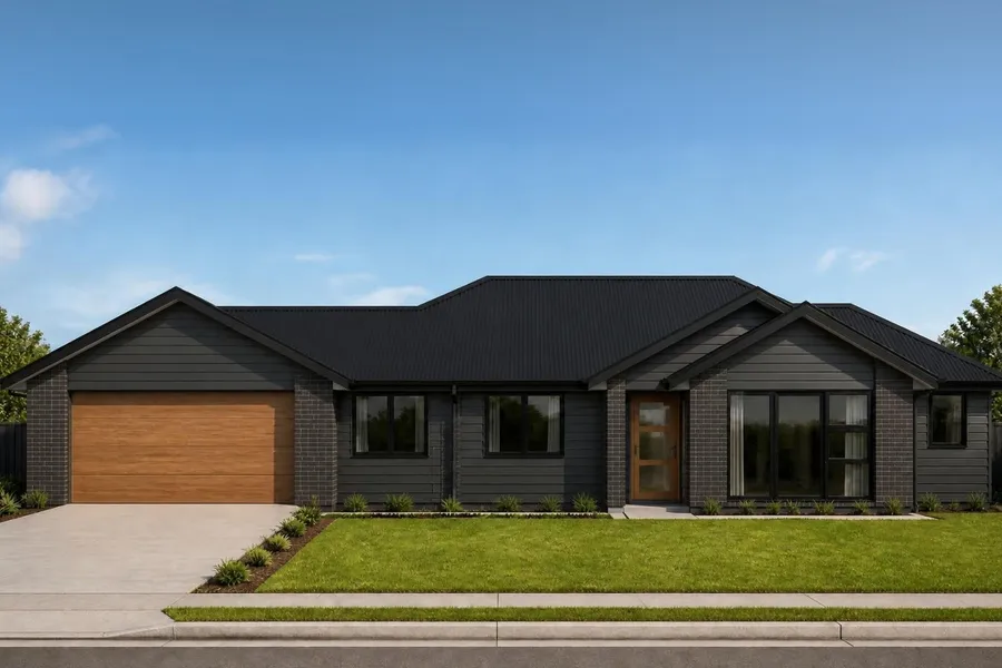 4-bedroom home, Lot 10 Thorncombe Park, Te Awamutu, artist's impression 2 of 3: charcoal weatherboard and brick with a timber garage door