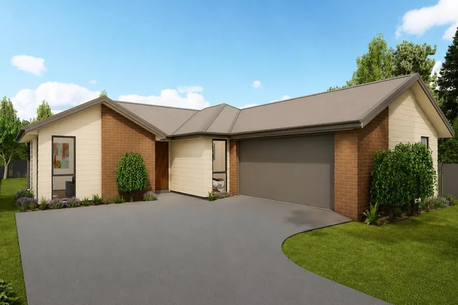 3-bedroom home, Lot 83 Frontier Estate, Te Awamutu, artist's impression 3 of 3: red-brown brick and cream weatherboard