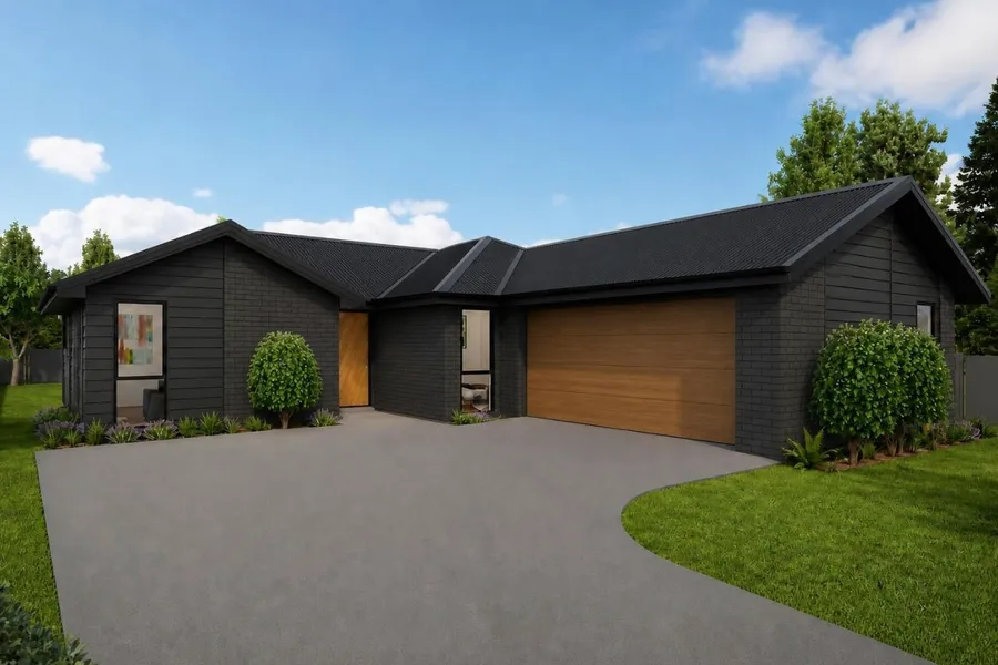 3-bedroom home, Lot 83 Frontier Estate, Te Awamutu, artist's impression 2 of 3: charcoal weatherboard and brick with a timber garage door